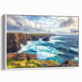 Framed canvas artwork depicting a stunning cliff landscape, showcasing vibrant colors and intricate details, set against a white frame for an elegant touch. Perfect for enhancing modern home decor.