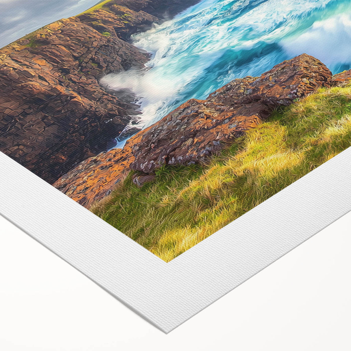 Stunning rolled canvas showcasing a vibrant landscape of cliffs and ocean waves, ideal for home decor, featuring rich blue and earthy tones in a protective cardboard tube.