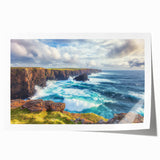 Rolled canvas print depicting serene cliffs landscape artwork, showcasing vibrant colors and intricate details, packaged securely in a protective tube for safe shipping.