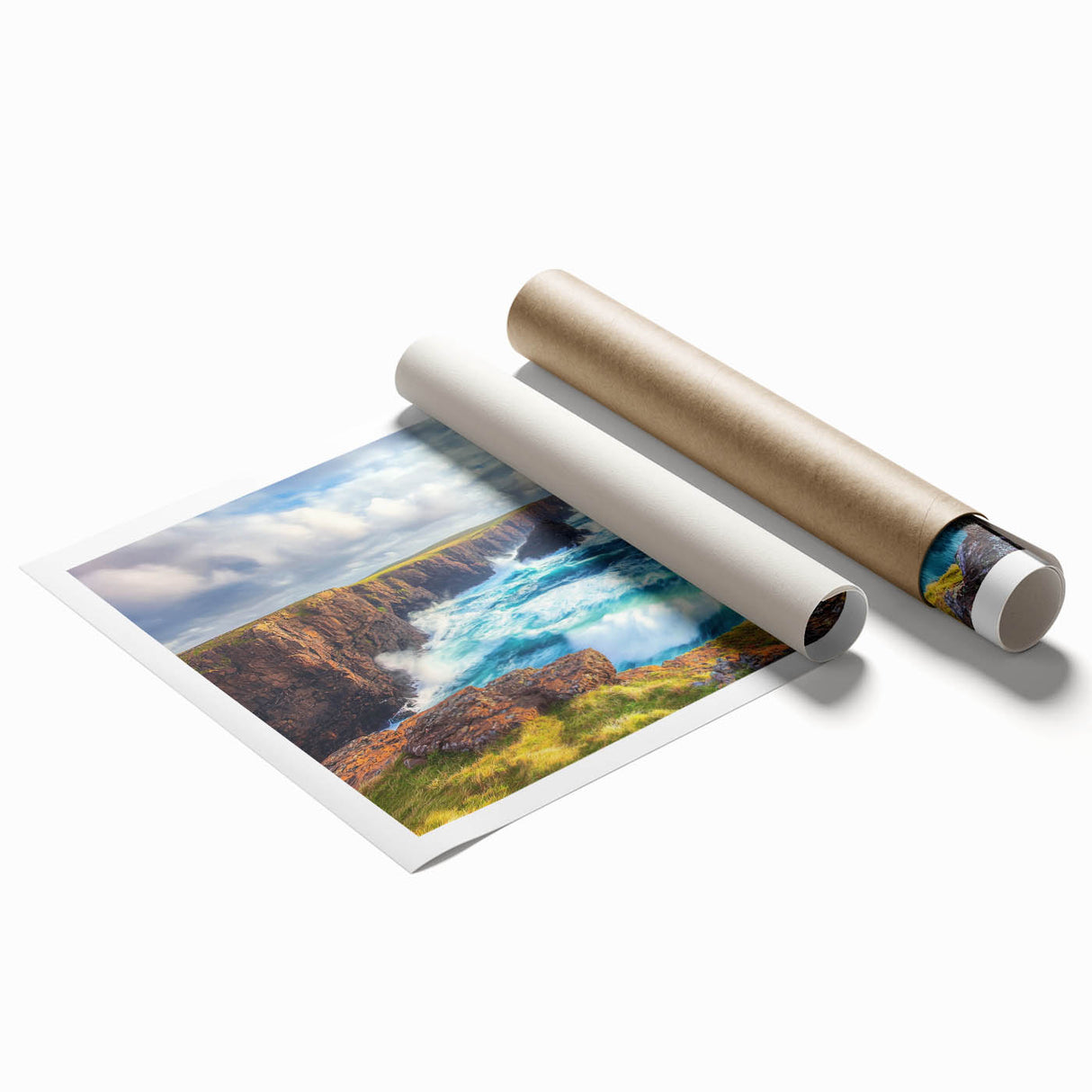 Vibrant rolled print showcasing a stunning cliff landscape with dramatic rock formations and lush greenery, perfect for home decor and art enthusiasts.