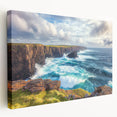 Stretched canvas artwork depicting a breathtaking landscape of cliffs at sunset, showcasing vibrant colors and dramatic textures, ideal for enhancing home decor.