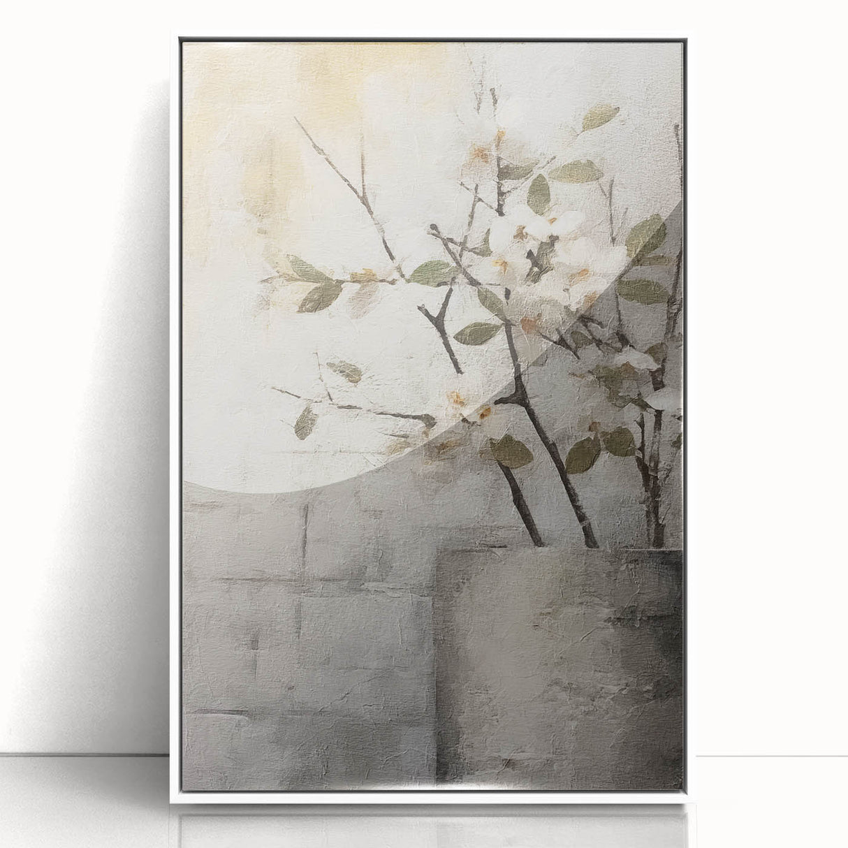 Framed wall art featuring a vibrant abstract floral design in soft pastels, set in a sleek white frame, perfect for modern home decor and enhancing interior aesthetics.