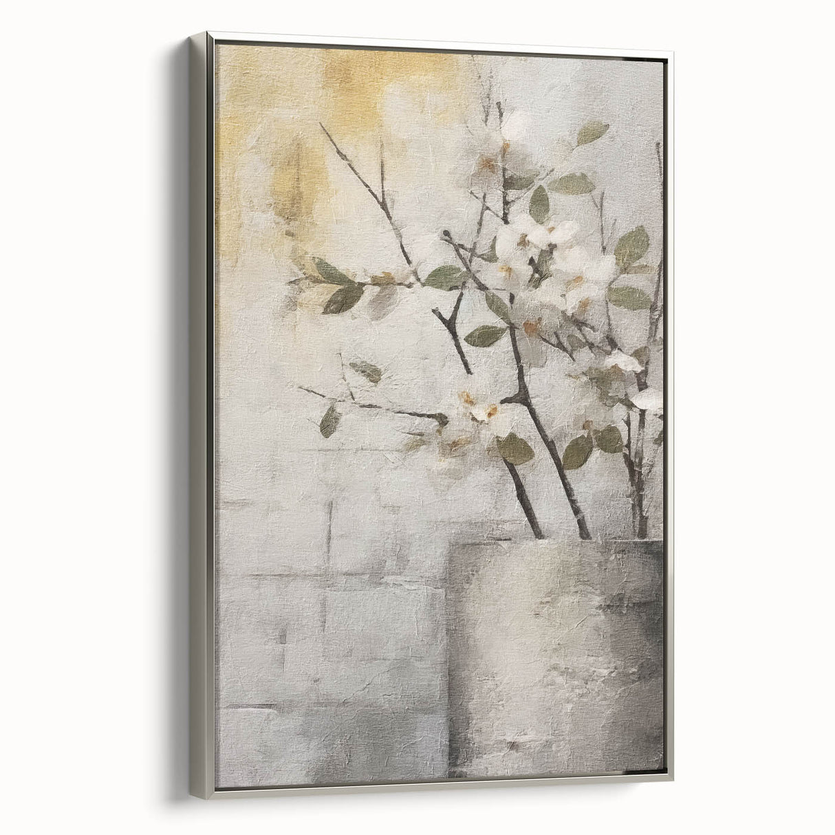 Framed canvas wall art showcasing abstract floral design in soft pastel colors, with a sleek silver frame, ideal for modern home decor.