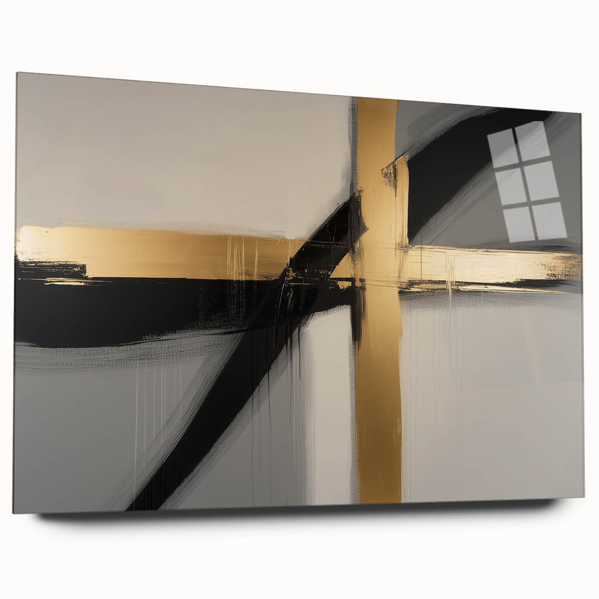 Abstract geometric acrylic wall art featuring a vibrant color palette of blues and yellows, showcasing a modern design in a glass frame, perfect for contemporary home decor.