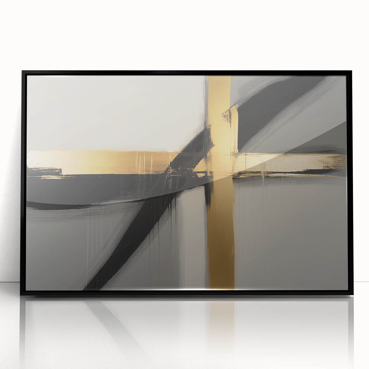 Abstract geometric framed acrylic art piece showcasing bold black shapes and intricate patterns, perfect for modern home decor. Ideal for enhancing contemporary interiors.
