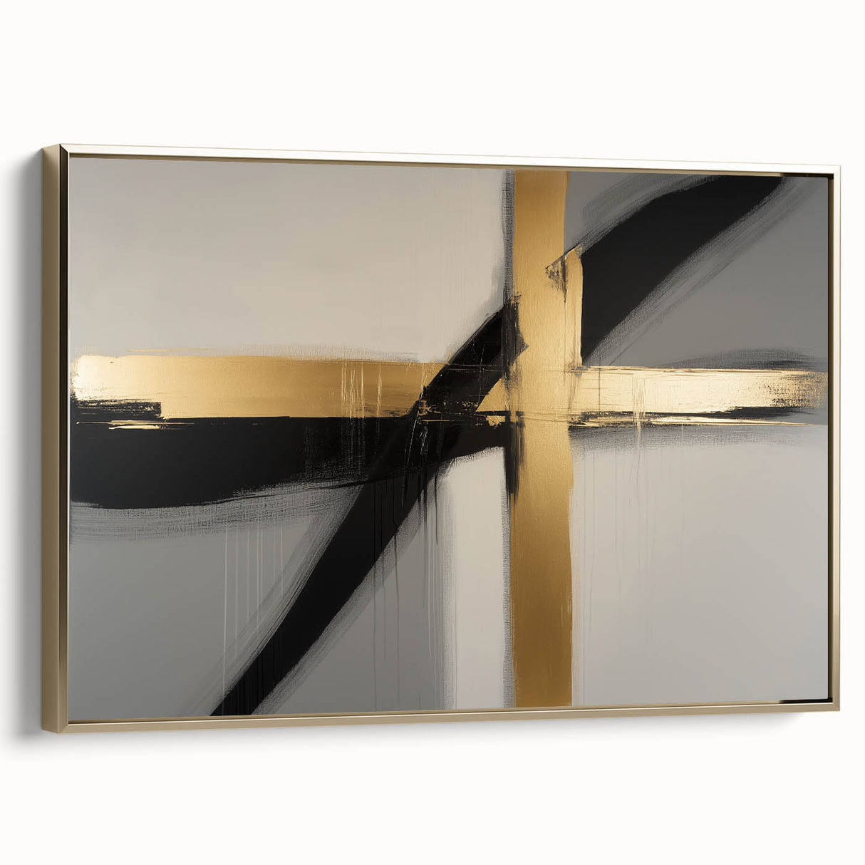 Abstract geometric framed canvas art showcasing a gold and black color palette, elegantly displayed from a side view to highlight its modern design and craftsmanship.