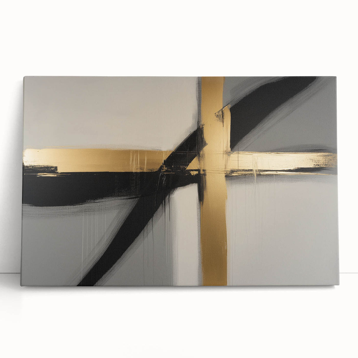 Abstract geometric stretched canvas art showcasing vibrant colors in a modern design, leaning against a neutral wall, ideal for contemporary home decor.