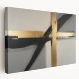 Abstract geometric stretched canvas artwork showcasing vibrant blue and gold tones, featuring dynamic shapes and patterns, ideal for modern home decor.