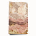 Abstract landscape wall art displayed in an acrylic glass frame, showcasing vibrant colors and intricate patterns. The piece is mounted with visible pins, enhancing the contemporary aesthetic. Ideal for modern home decor or art enthusiasts.