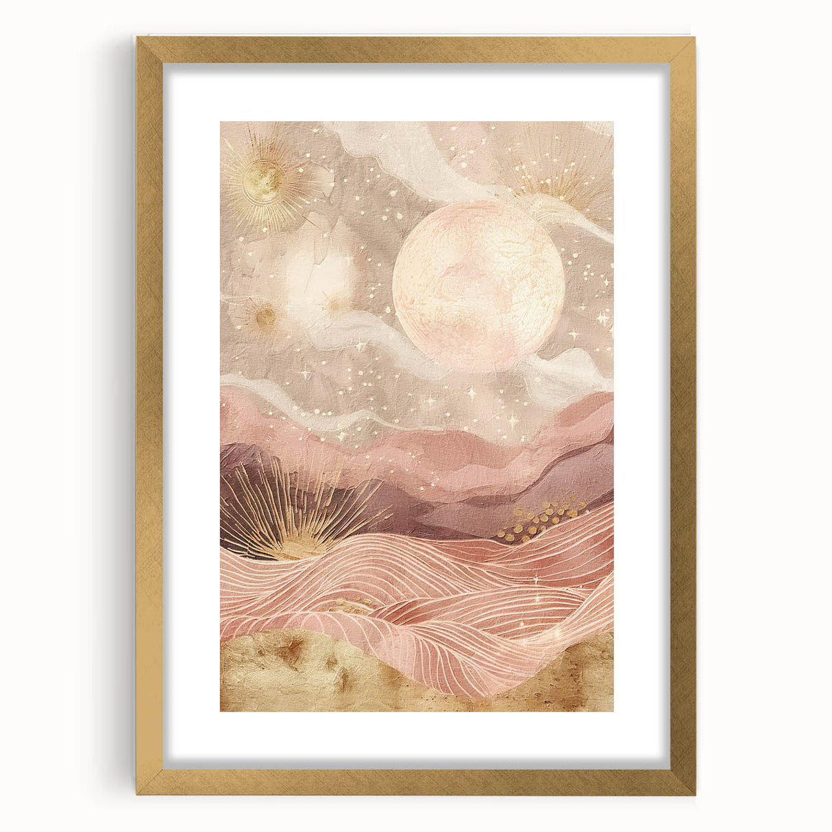 Abstract landscape wall art framed with a gold mat, showcasing a vibrant color palette of blues and greens, perfect for modern home decor.