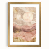 Abstract landscape wall art framed with a gold mat, showcasing a vibrant color palette of blues and greens, perfect for modern home decor.