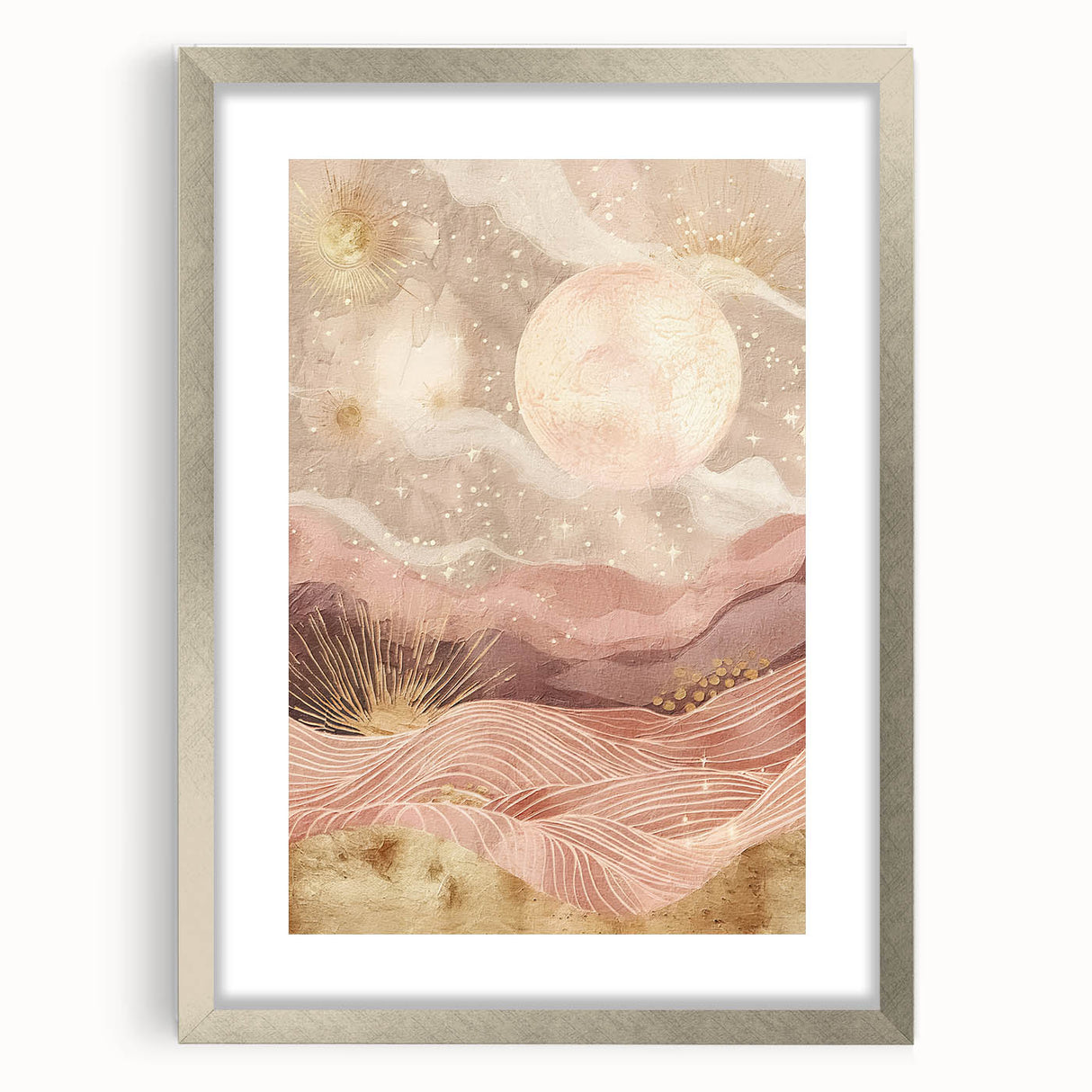 Abstract landscape wall art framed in silver with a mat, showcasing vibrant colors and dynamic shapes, perfect for modern home decor and artistic expression.