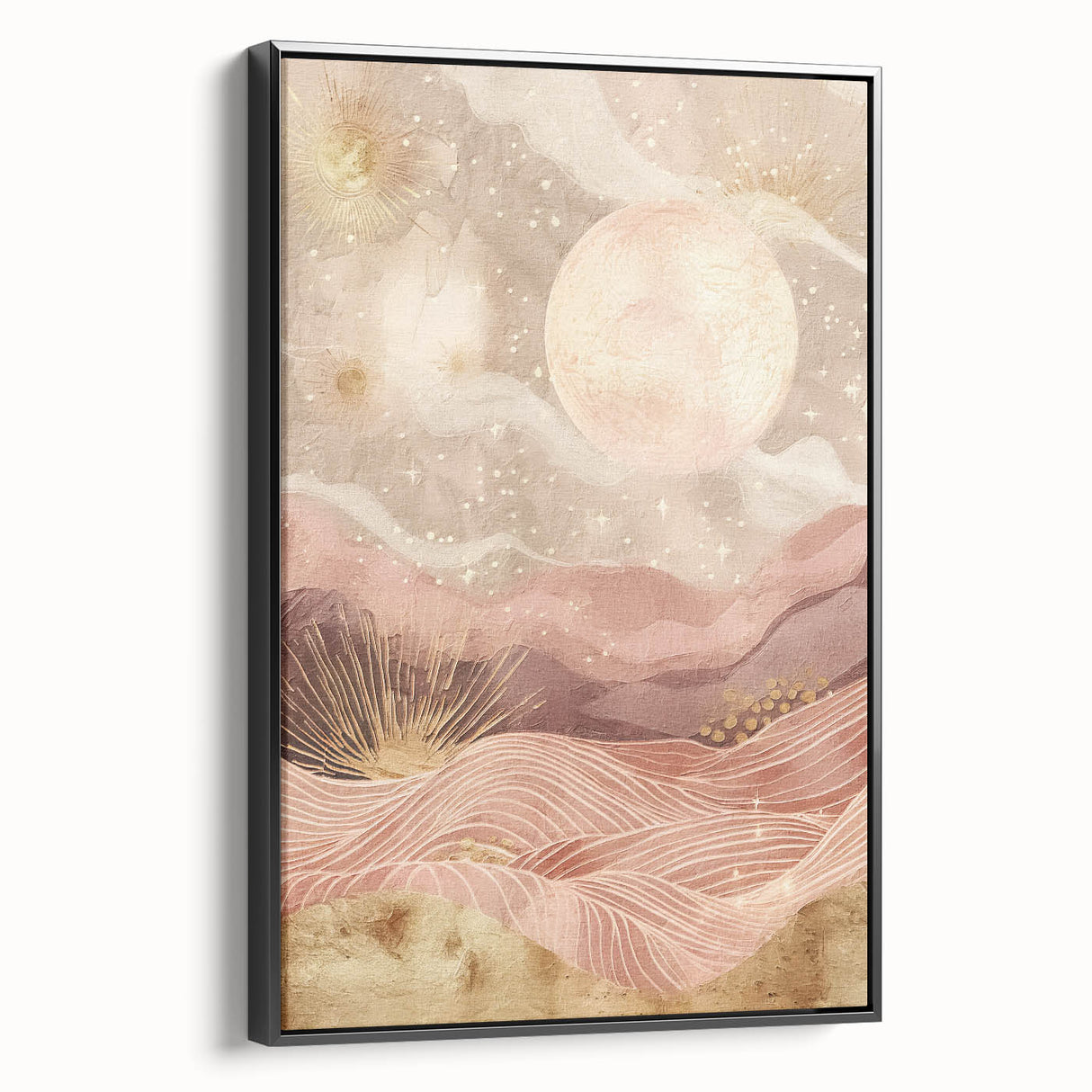 Framed abstract landscape wall art with a black frame, showcasing vibrant colors and dynamic shapes, perfect for modern home decor and artistic expression.
