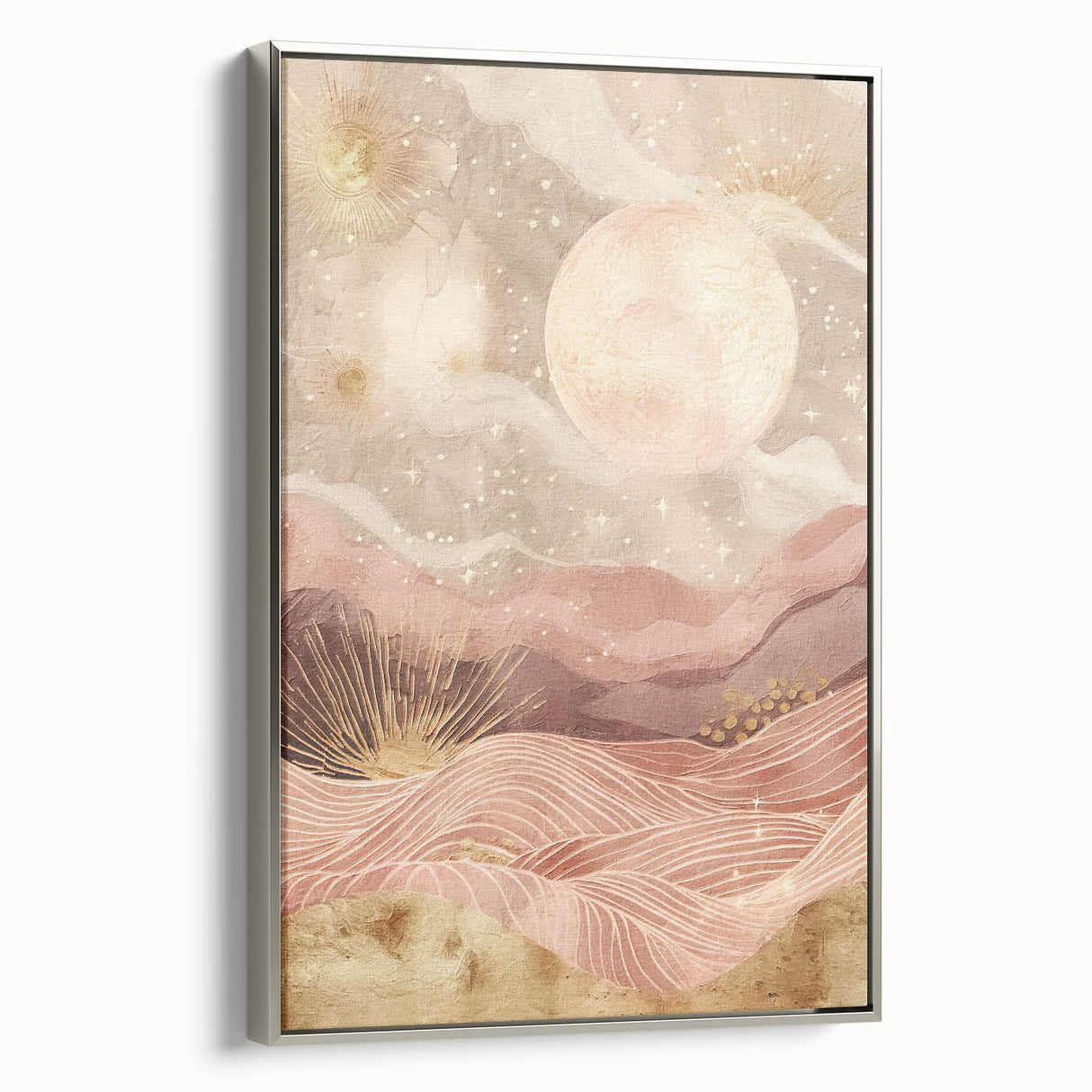 Framed wall art depicting an abstract landscape design with muted colors, showcasing a silver frame side view, perfect for modern home decor.