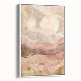 Framed abstract landscape wall art in a white frame, showcasing vibrant colors and fluid shapes, perfect for modern home decor and adding artistic flair to any room.