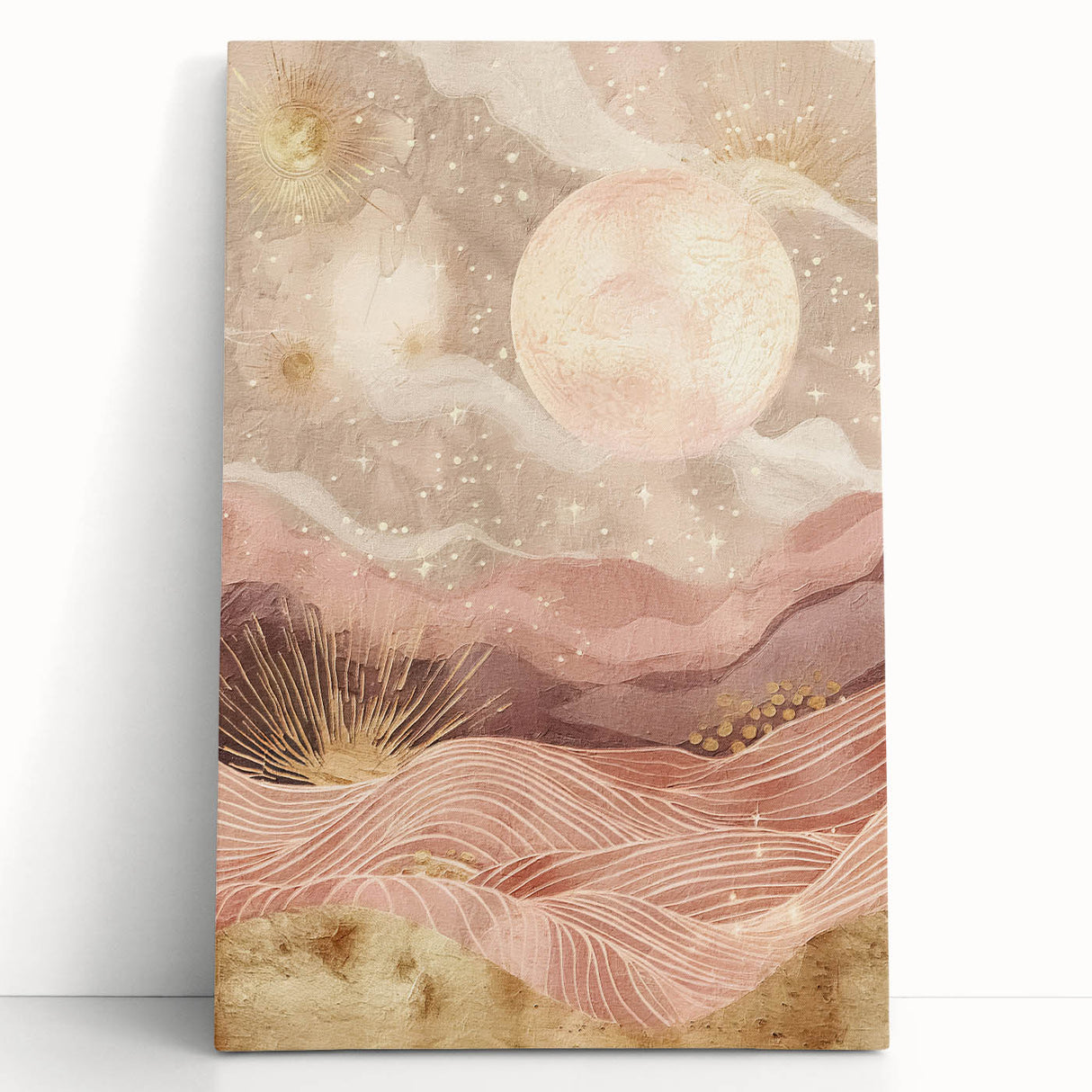 Abstract landscape wall art on stretched canvas, featuring soft blues and greens, leaning against a neutral wall, adding a modern touch to interior decor.