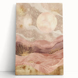 Abstract landscape wall art on stretched canvas, featuring soft blues and greens, leaning against a neutral wall, adding a modern touch to interior decor.