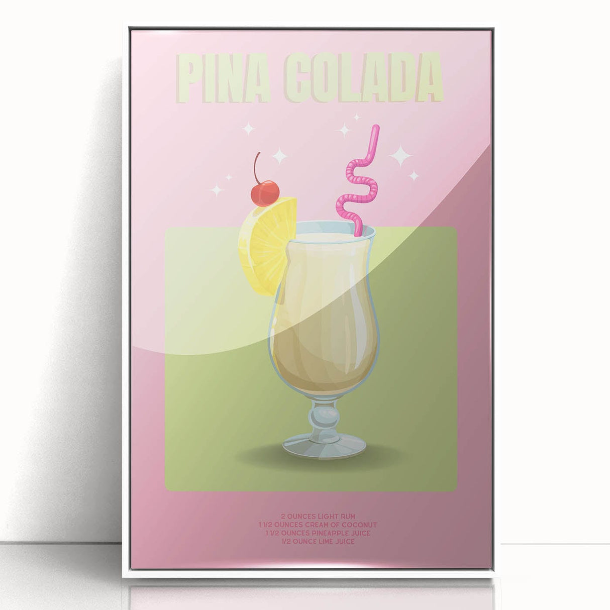 Mid-century modernist art depicting various fruits in vibrant colors on a white acrylic framed poster.