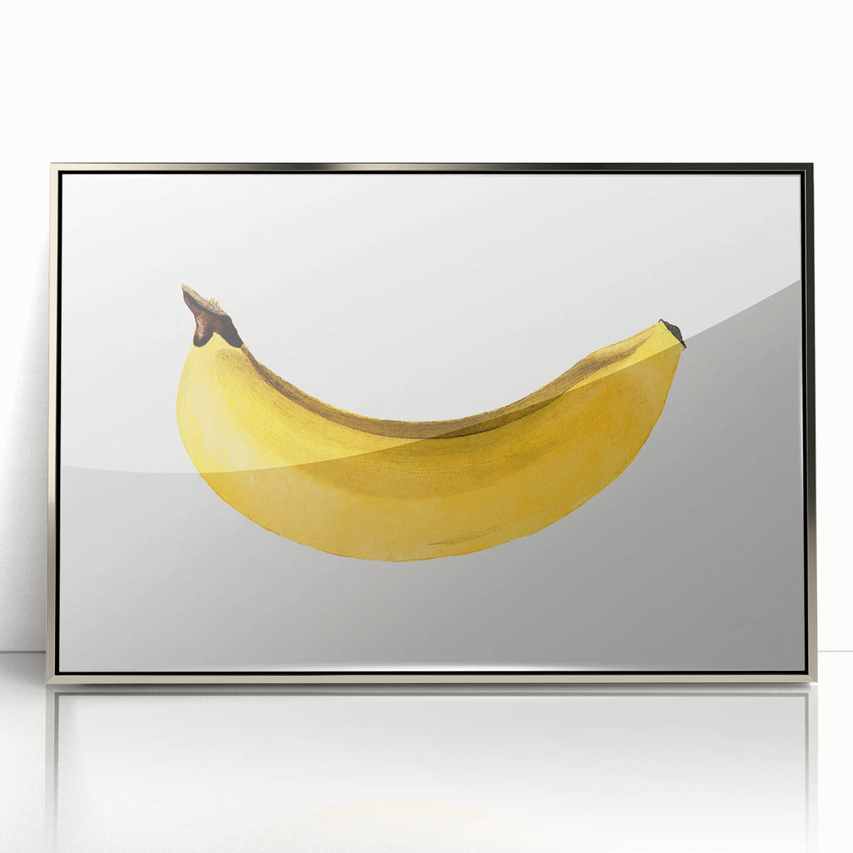 Mid-century modernist art featuring assorted fruits in vibrant colors on a silver-framed acrylic print.