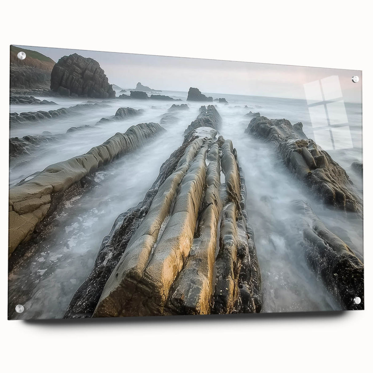 Acrylic glass landscape artwork showcasing a serene beach scene, displayed from a side view with decorative push pins for mounting, ideal for coastal-themed decor.