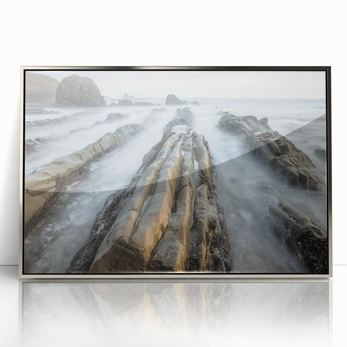 Framed acrylic artwork depicting a serene beach landscape with soft waves and vibrant sky colors, designed to enhance coastal-themed interiors and evoke tranquility. Ideal for beach house decor.