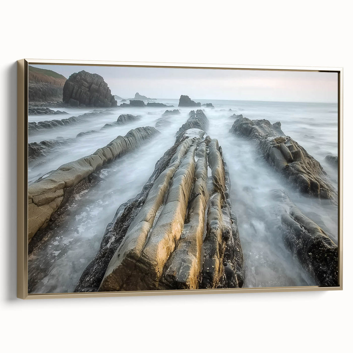 Framed canvas artwork depicting a serene beach landscape with vibrant colors, featuring a gold frame. Ideal for coastal-themed home decor and relaxation.
