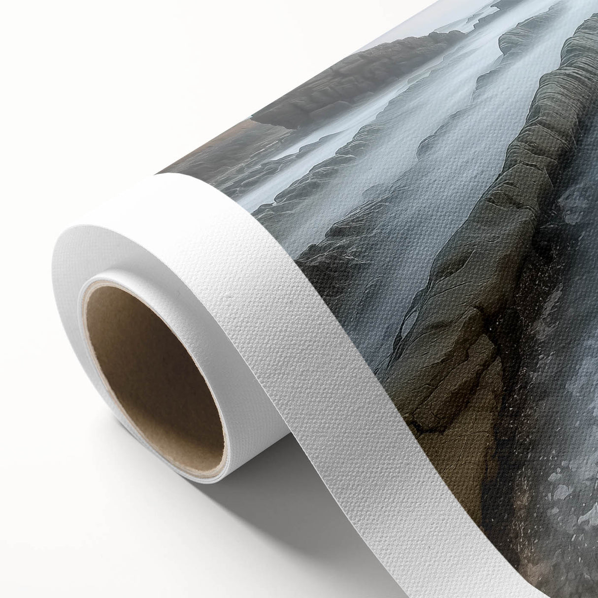 Rolled canvas artwork showcasing a serene beach landscape with vibrant colors and gentle waves, elegantly packaged in a protective cardboard tube for easy display.