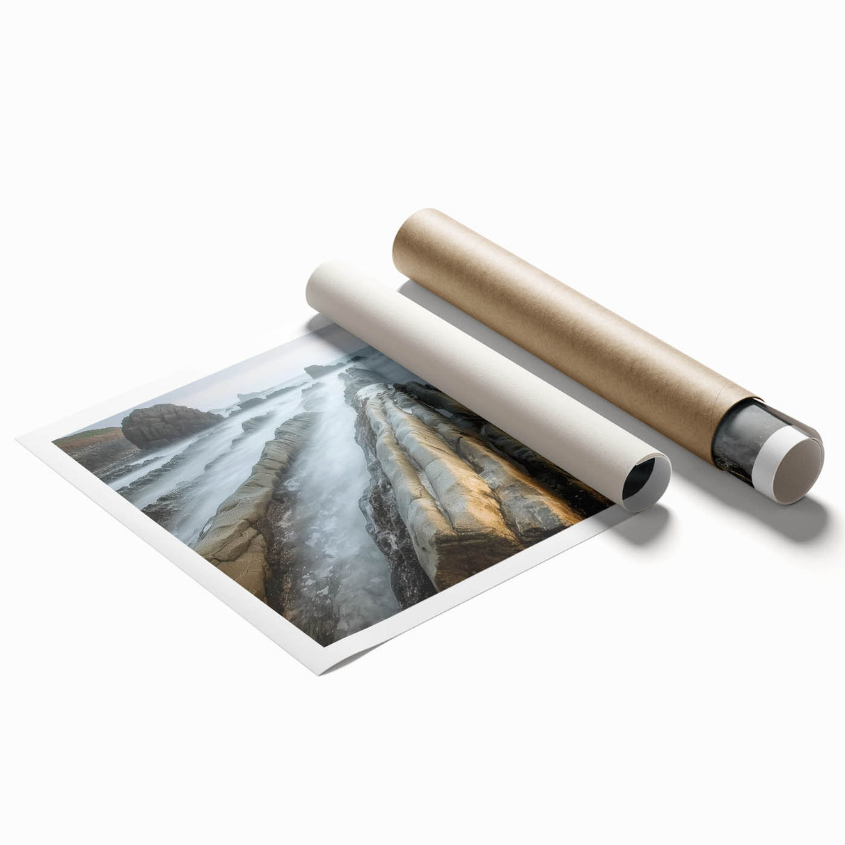Landscape print showcasing a serene beach scene with soft waves and golden sand, rolled and ready for framing, ideal for coastal home decor.