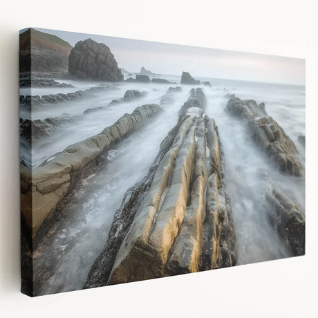 Stretched canvas artwork depicting a serene beach landscape with vibrant colors, showcasing gentle waves and a clear blue sky, perfect for home decor.