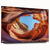 Acrylic glass artwork showcasing a breathtaking landscape of canyons, presented in a side view with decorative pins for a modern aesthetic, ideal for home decor.