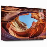 Landscape acrylic art depicting majestic canyons in vibrant colors, showcased in a side view without pins, ideal for modern home decor or gallery settings.
