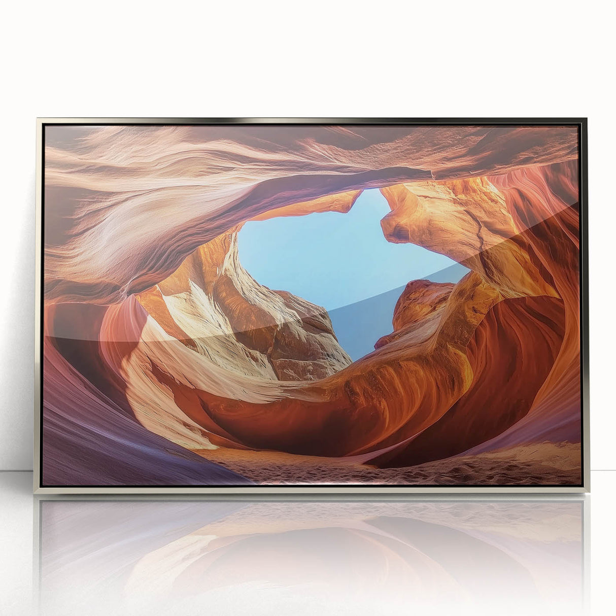 Framed acrylic artwork depicting a stunning landscape of canyons with rich earthy tones and striking silver accents, perfect for enhancing modern home decor.