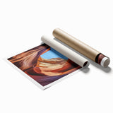 Vibrant landscape print showcasing stunning canyons with rich earthy tones, presented as a rolled art piece in a protective tube, ideal for home decor.