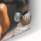 Large abstract wall art depicting autumnal trees in orange and red tones on acrylic glass, suitable for dining room ambiance.