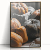 Large art print of a mid-century modernist autumn scene in gold and orange tones, framed acrylic.