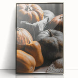 Mid-century modernist art depicting autumn trees in orange and yellow hues, silver framed acrylic.
