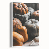 Vintage poster art of an autumn scene on a framed canvas, featuring a palette of orange and brown.