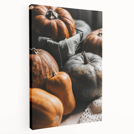 Autumn-themed abstract art on stretched canvas, featuring warm orange and red tones, suitable for kitchen wall art.
