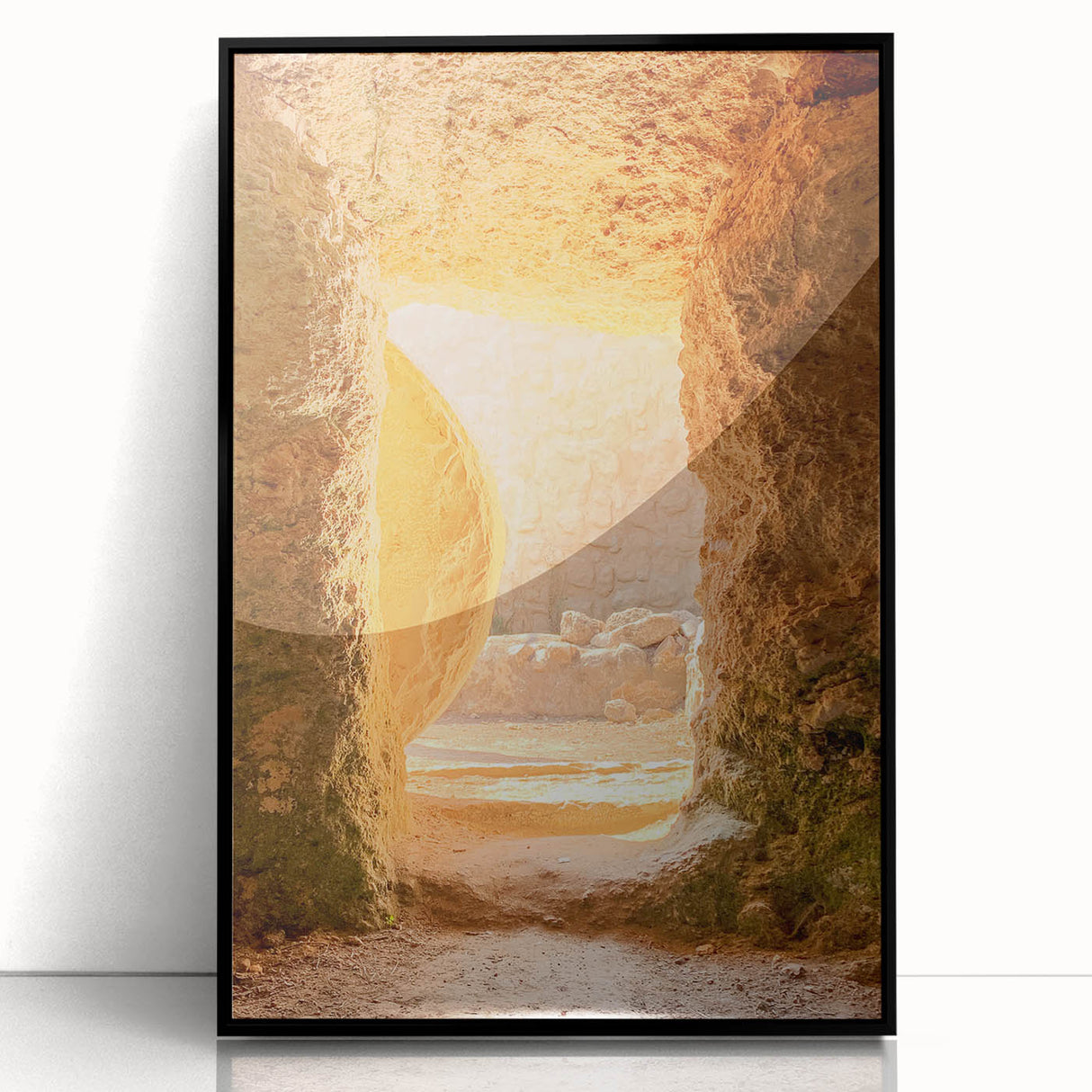 Large abstract wall art in vibrant greens and blues, framed in black acrylic, suitable for modern living room decor.