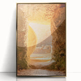 Large art print of a mid-century modernist spring scene in pastel shades, acrylic in gold frame, suited for nursery wall art.