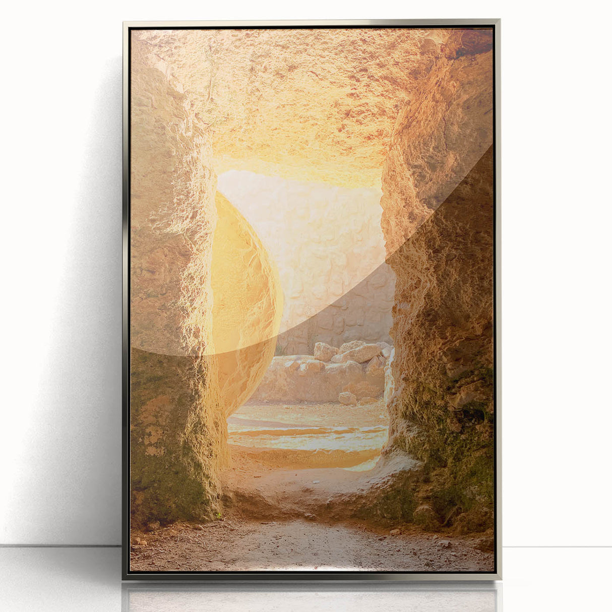 Mid-century modernist spring-themed art in silver frame, featuring pastel green and pink tones, suitable as nursery wall art.