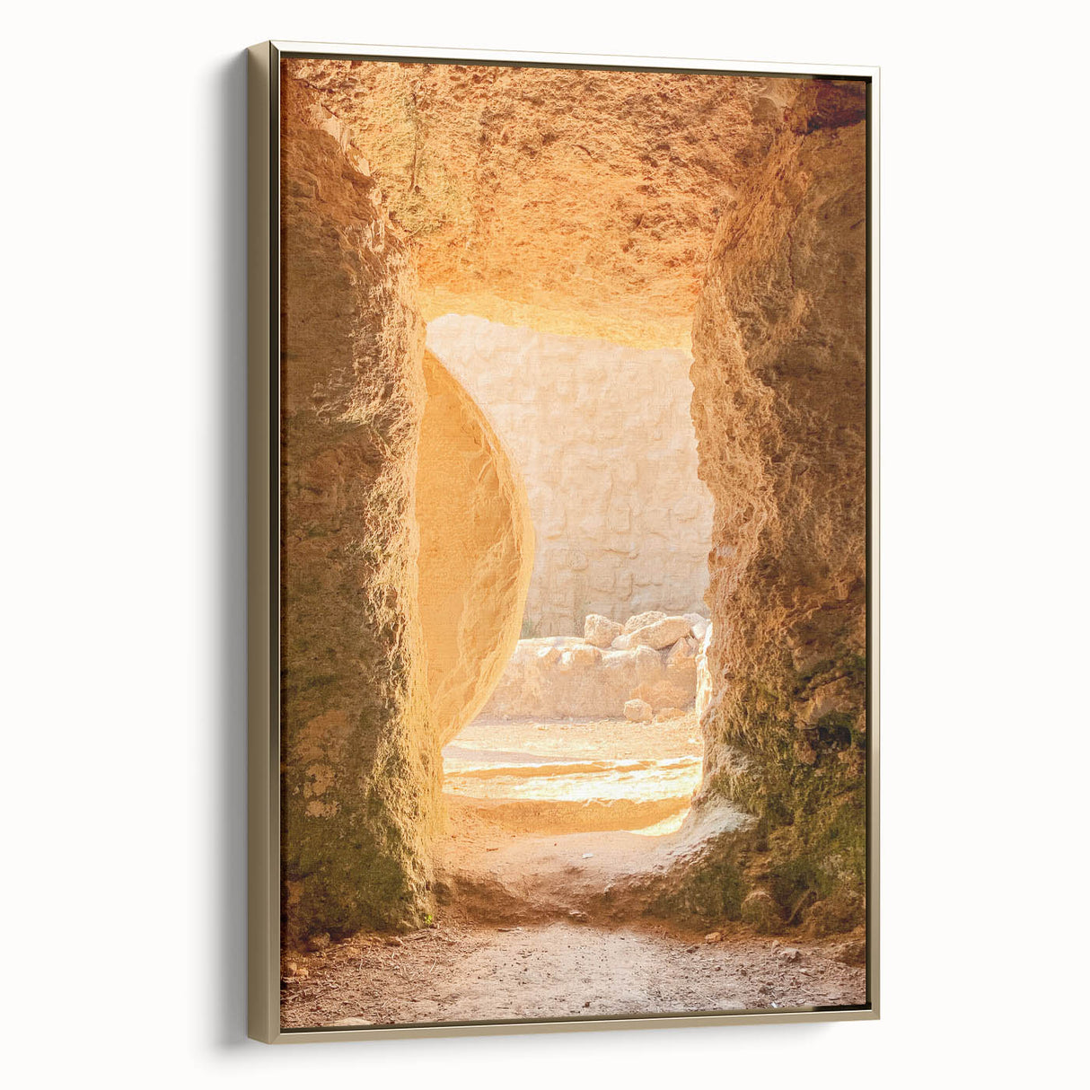 Spring landscape painting on framed canvas, featuring gentle green and gold tones, ideal for bedroom wall art.