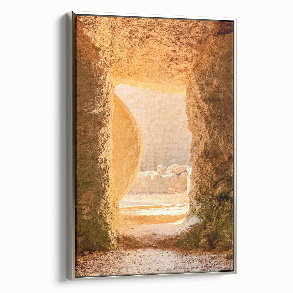 Framed canvas depicting a vintage-style landscape painting with colorful spring scenery, ideal for living room decor.