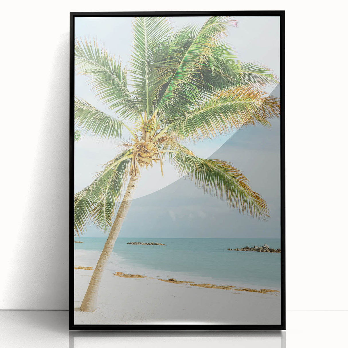 Large abstract wall art in mid-century modernist style, featuring swirling blue and orange tones on a framed acrylic print.
