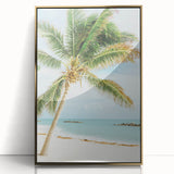 Large art print featuring a mid-century modernist summer scene in muted gold and blue tones on acrylic.