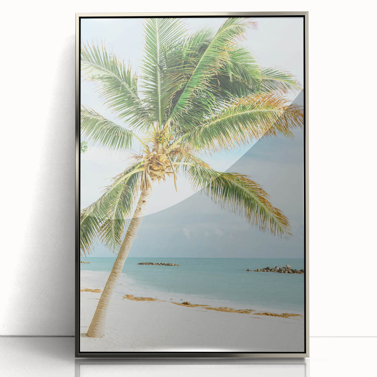 Mid-century modernist art print with geometric shapes in pastel colors, silver-framed acrylic, ideal for nursery wall art.