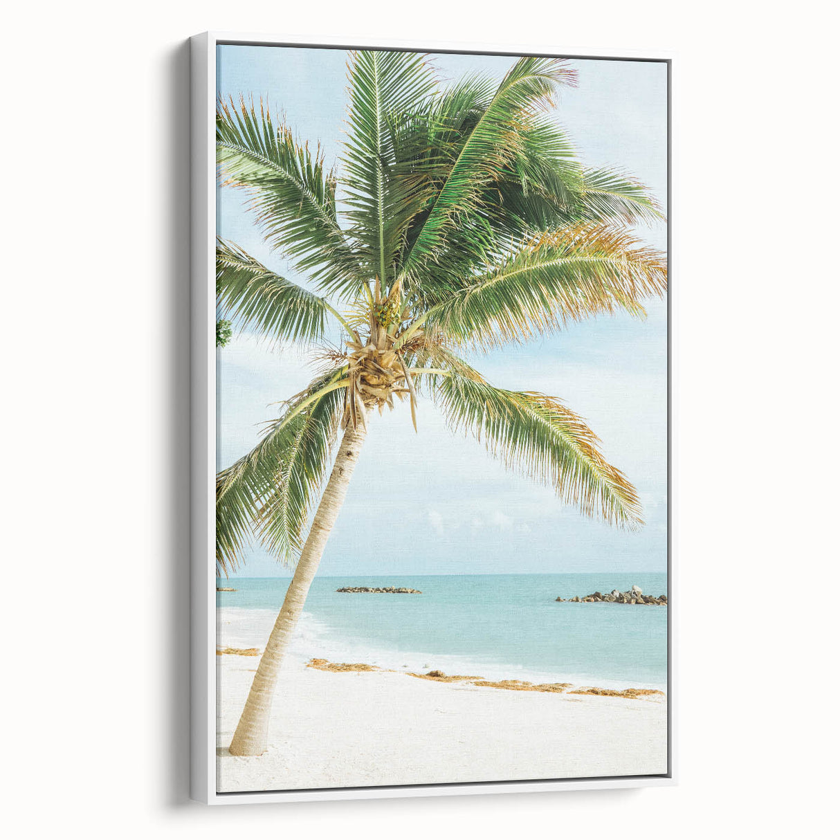 Vintage poster art featuring colorful, abstract designs on an extra-large white-framed canvas, ideal for living room decor.