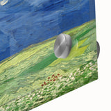 Mid-century modernist abstract art on acrylic glass in blue and orange hues, ideal for dining room art.