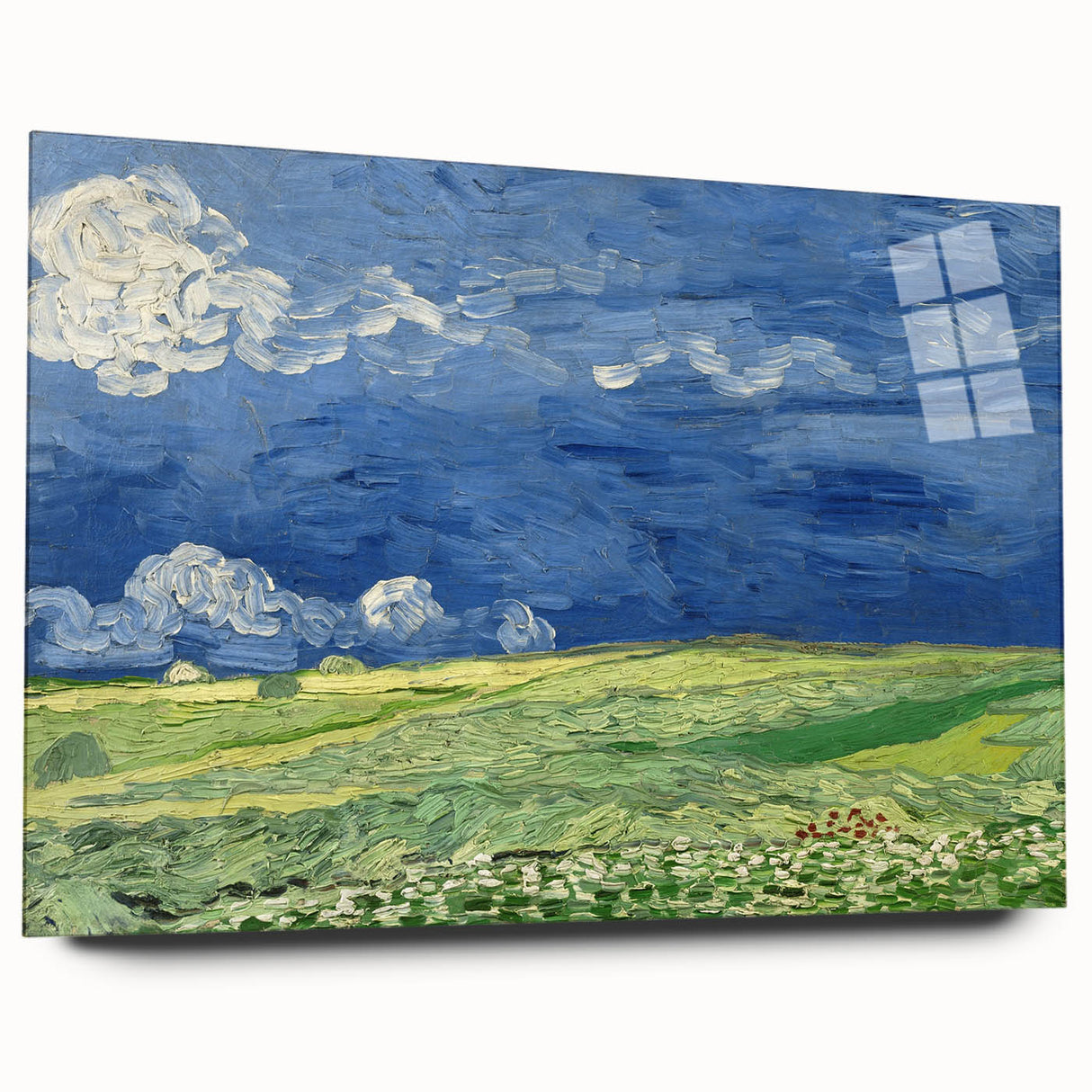 Large abstract wall art on acrylic glass depicting vibrant, swirling blue and yellow tones.