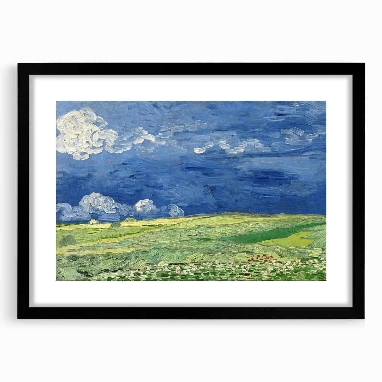 Extra large, textured abstract art print of colorful swirls on a black framed canvas, ideal for living room decor.